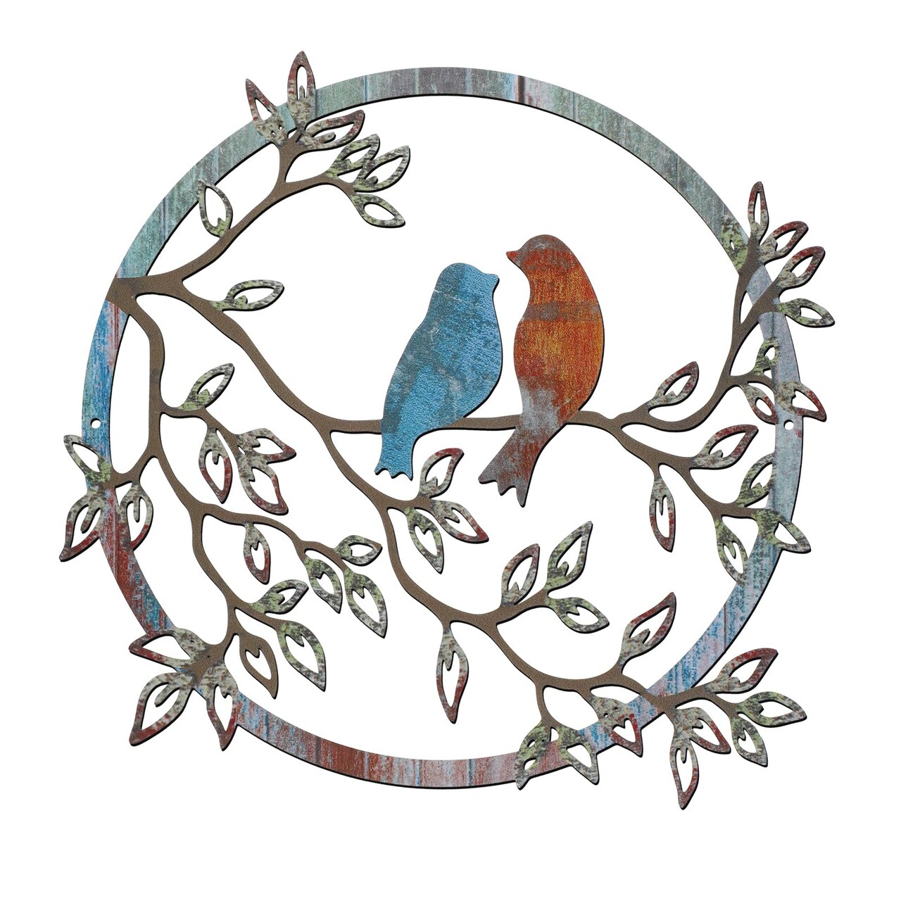 Metal Wall Art Bird on Tree Branch Silhouette Bird Art Decor for Living Room Garden Bedroom Office Home Wall Housewarming Party Decor(Retro Color)